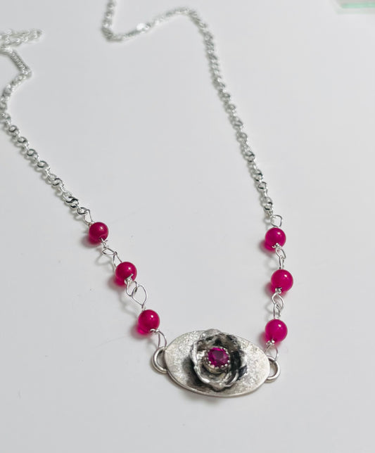 Dainty Sterling and Red Gemstone Flower necklace