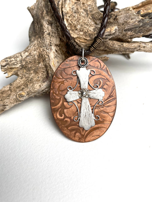 Rustic Silver Cross & Copper Necklace