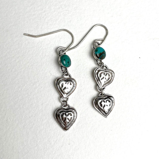 Dangling Western Heart Earrings Ornate Silver and Turquoise - A Little Texas Charm