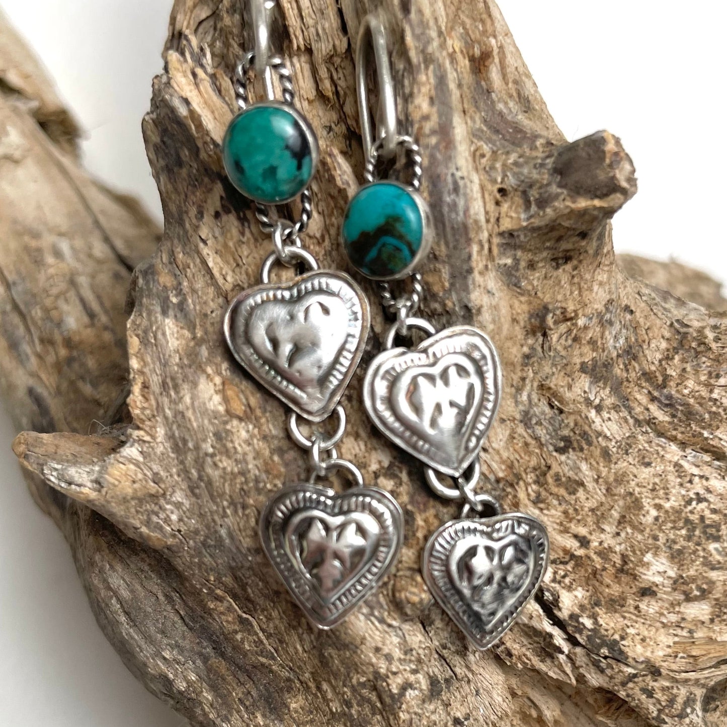 Dangling Western Heart Earrings Ornate Silver and Turquoise - A Little Texas Charm