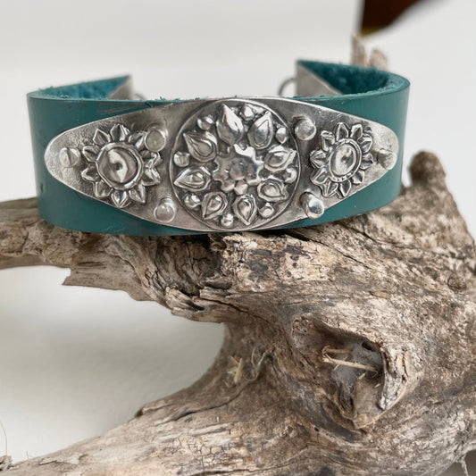 Ornate Western Bracelet on Turquoise Leather Band - A Little Texas Charm