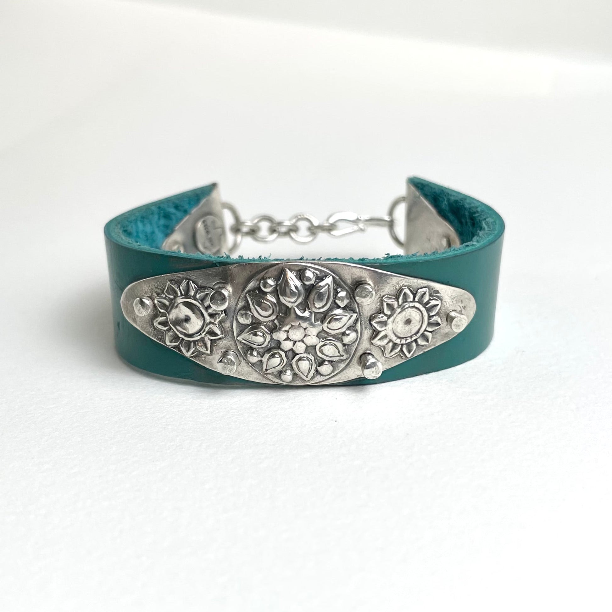 Ornate Western Bracelet on Turquoise Leather Band - A Little Texas Charm