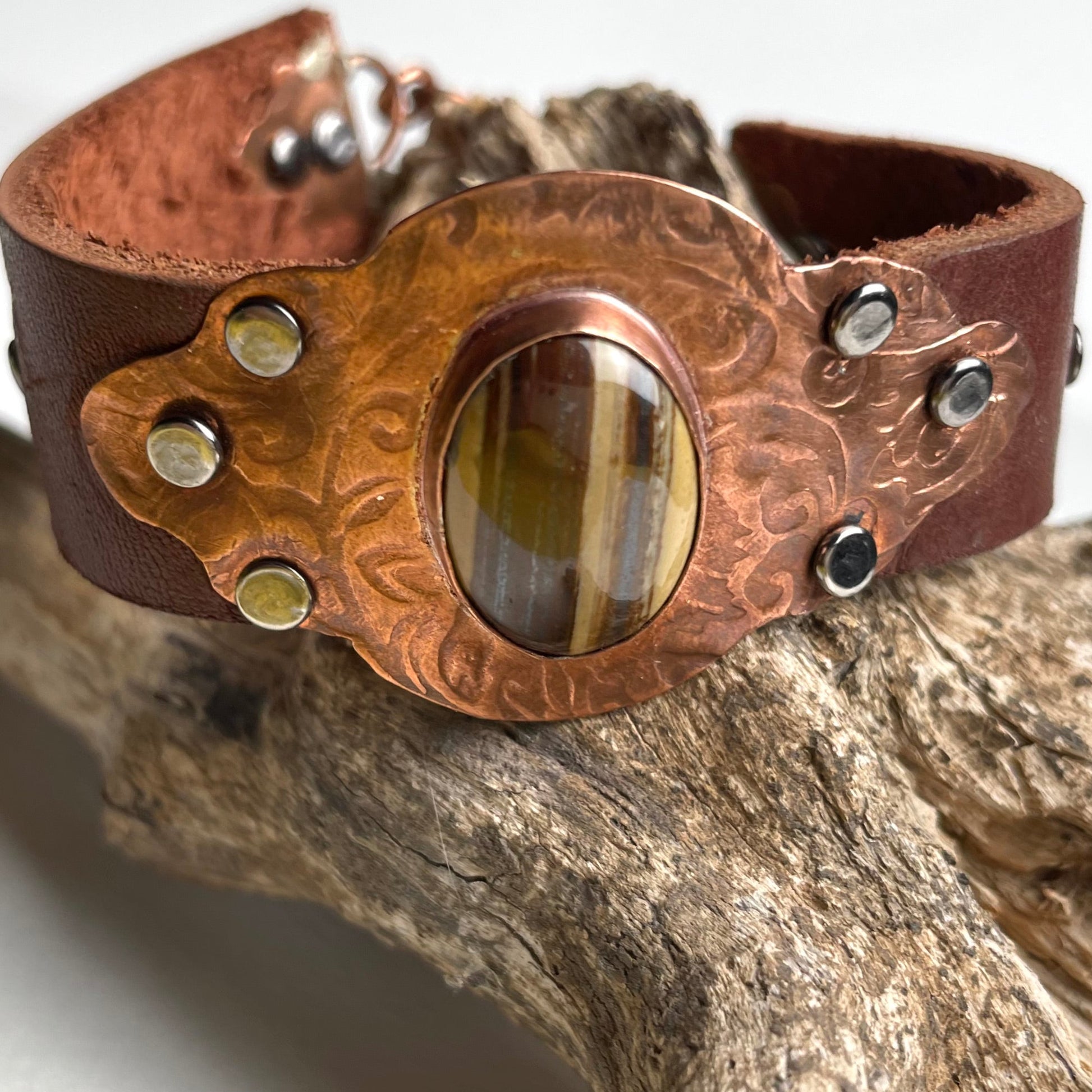 Rustic Leather & Copper Bracelet Single Cabochon - A Little Texas Charm