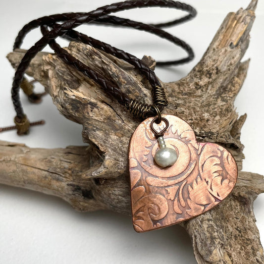 Western Copper Heart with Freshwater White Pearl - A Little Texas Charm