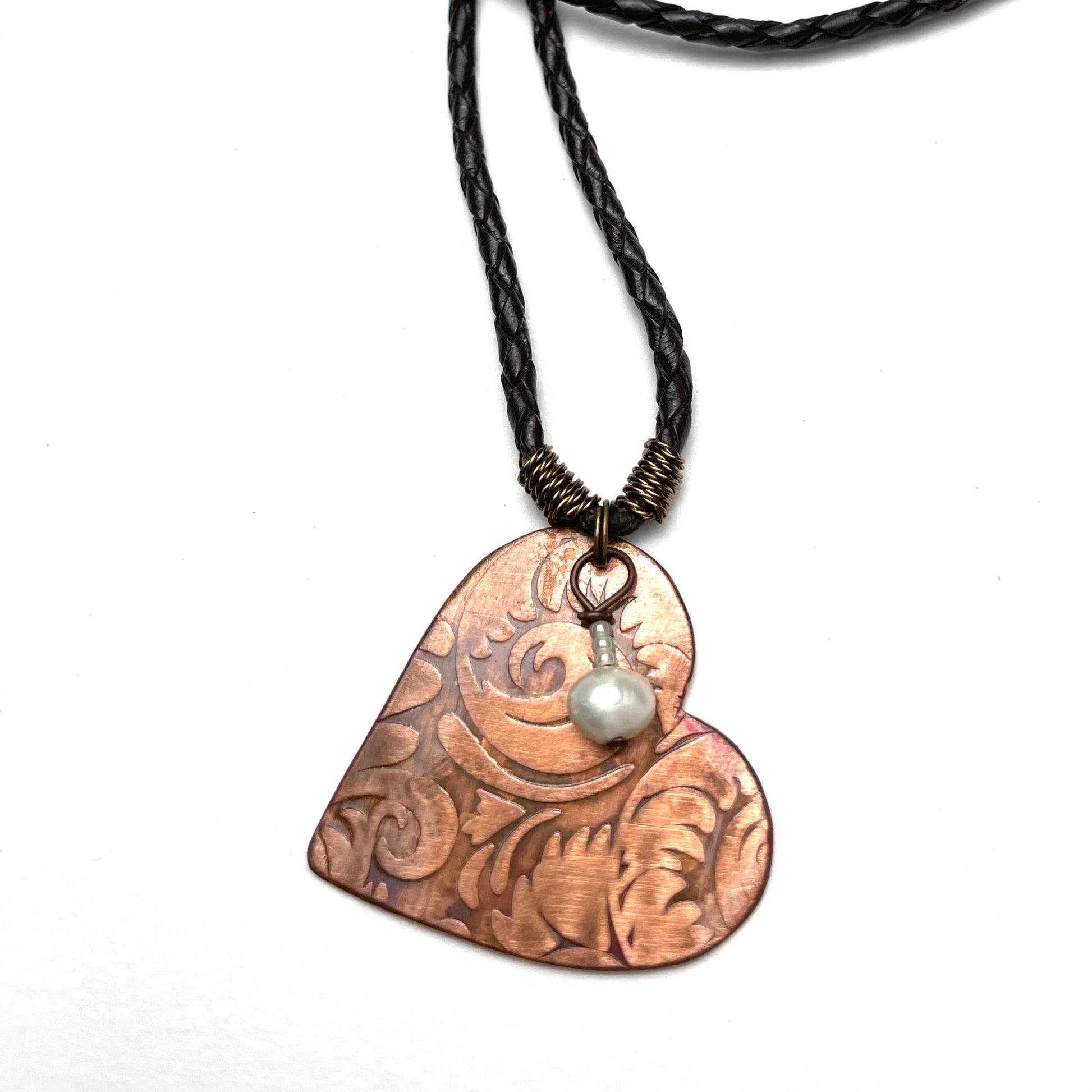 Western Copper Heart with Freshwater White Pearl - A Little Texas Charm